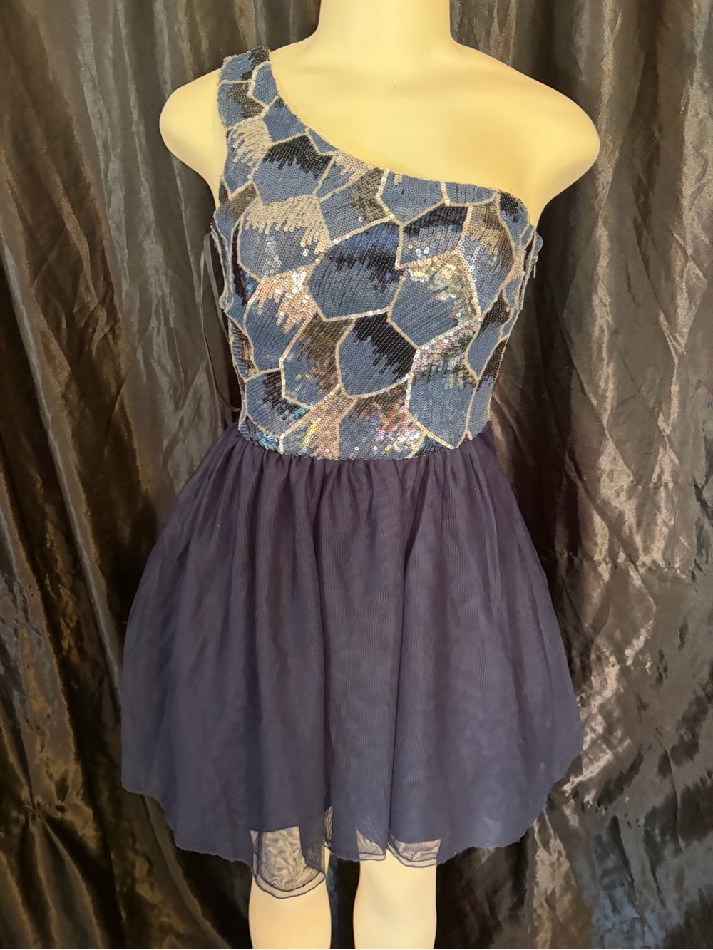 BCX One-Shoulder Navy and Light Blue Sequin Mini Dress